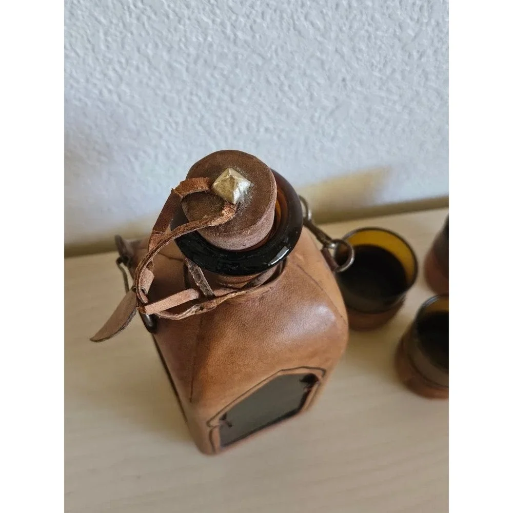 Vintage Leather Wrapped Amber Glass Decanter and 3 Shot Glasses Barware Set